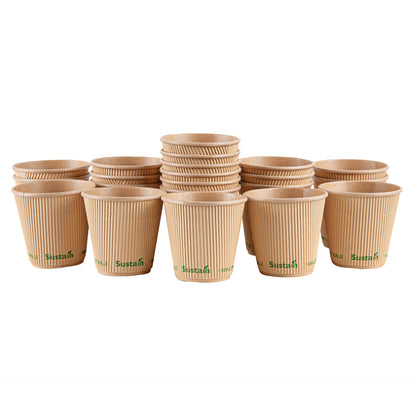 Sustain 8 oz Kraft Paper Coffee Cup - PLA Lining, Compostable, Ripple Wall - 3 1/2" x 3 1/2" x 3 1/2" - 25 count box