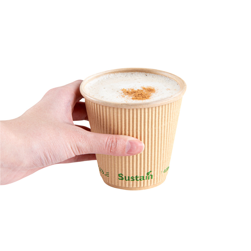 Sustain 8 oz Kraft Paper Coffee Cup - PLA Lining, Compostable, Ripple Wall - 3 1/2" x 3 1/2" x 3 1/2" - 25 count box