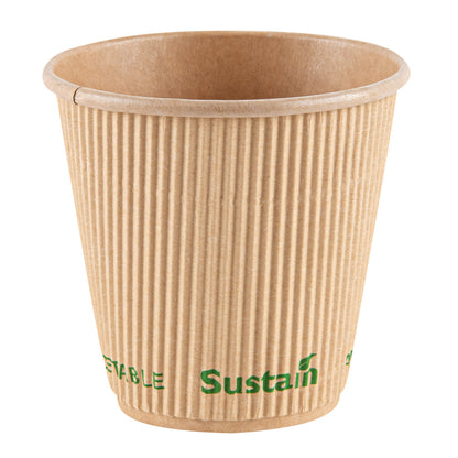 Sustain 8 oz Kraft Paper Coffee Cup - PLA Lining, Compostable, Ripple Wall - 3 1/2" x 3 1/2" x 3 1/2" - 25 count box