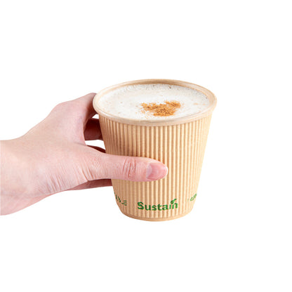 Sustain 8 oz Kraft Paper Coffee Cup - PLA Lining, Compostable, Ripple Wall - 3 1/2" x 3 1/2" x 3 1/2" - 500 count box
