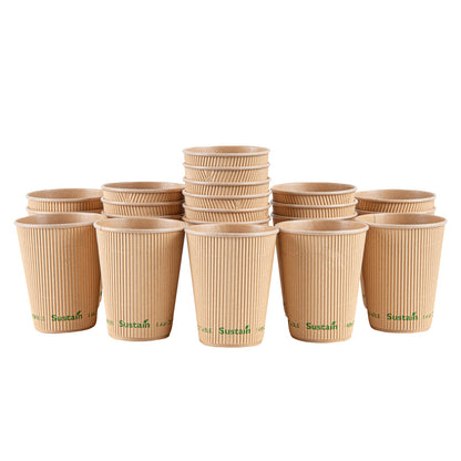 Sustain 12 oz Kraft Paper Coffee Cup - PLA Lining, Compostable, Ripple Wall - 3 1/2" x 3 1/2" x 4 1/4" - 25 count box