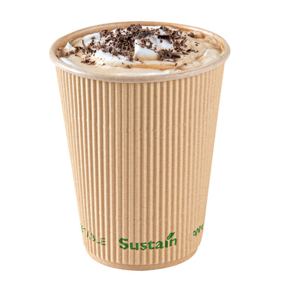 Sustain 12 oz Kraft Paper Coffee Cup - PLA Lining, Compostable, Ripple Wall - 3 1/2" x 3 1/2" x 4 1/4" - 25 count box