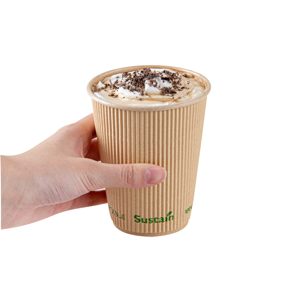 Sustain 12 oz Kraft Paper Coffee Cup - PLA Lining, Compostable, Ripple Wall - 3 1/2" x 3 1/2" x 4 1/4" - 25 count box