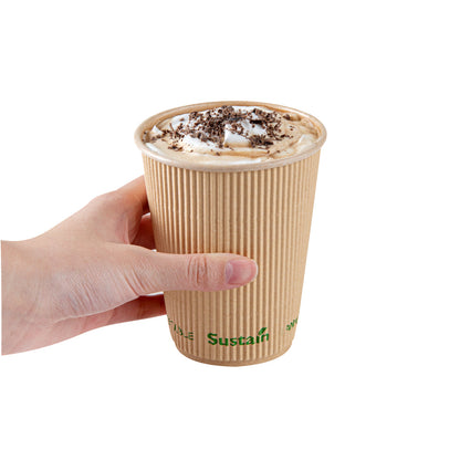 Sustain 12 oz Kraft Paper Coffee Cup - PLA Lining, Compostable, Ripple Wall - 3 1/2" x 3 1/2" x 4 1/4" - 25 count box