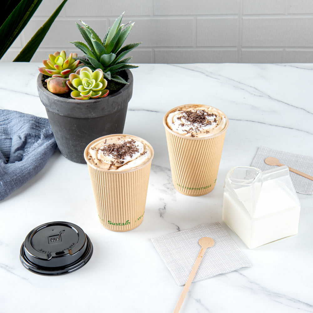Sustain 12 oz Kraft Paper Coffee Cup - PLA Lining, Compostable, Ripple Wall - 3 1/2" x 3 1/2" x 4 1/4" - 25 count box