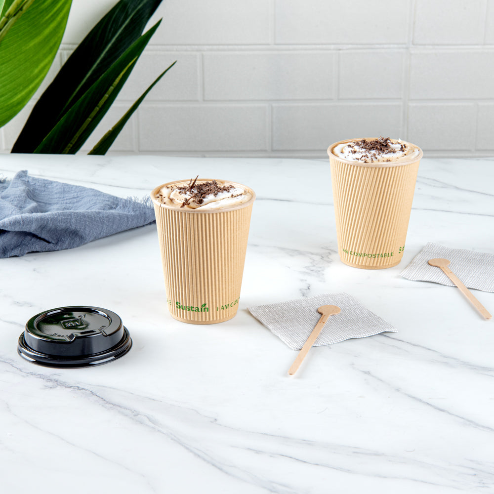 Sustain 12 oz Kraft Paper Coffee Cup - PLA Lining, Compostable, Ripple Wall - 3 1/2" x 3 1/2" x 4 1/4" - 500 count box