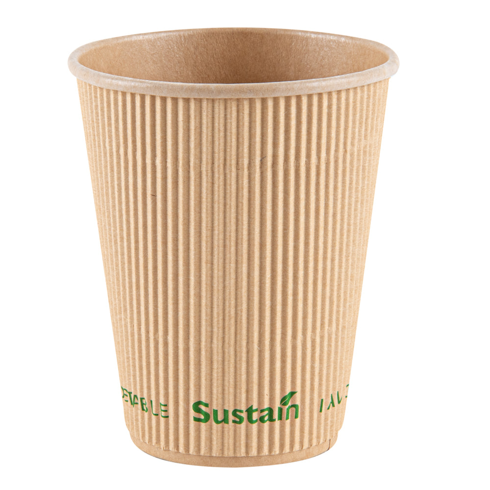 Sustain 12 oz Kraft Paper Coffee Cup - PLA Lining, Compostable, Ripple Wall - 3 1/2" x 3 1/2" x 4 1/4" - 500 count box