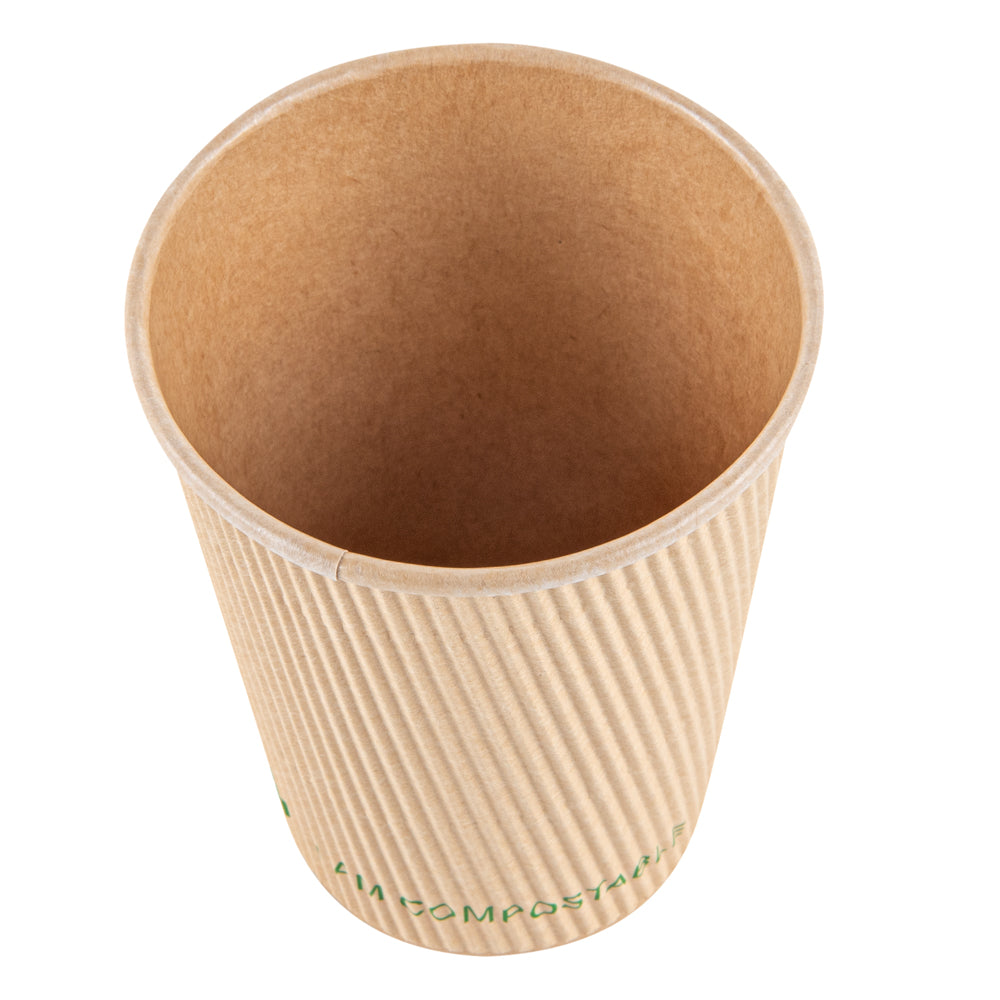 Sustain 12 oz Kraft Paper Coffee Cup - PLA Lining, Compostable, Ripple Wall - 3 1/2" x 3 1/2" x 4 1/4" - 500 count box
