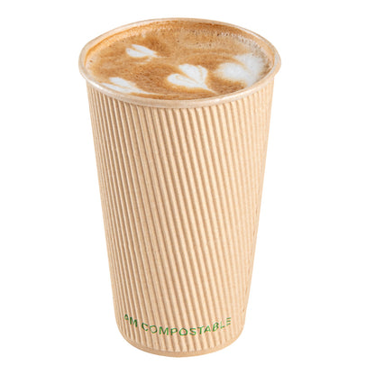 Sustain 16 oz Kraft Paper Coffee Cup - PLA Lining, Compostable, Ripple Wall - 3 1/2" x 3 1/2" x 5 1/2" - 25 count box