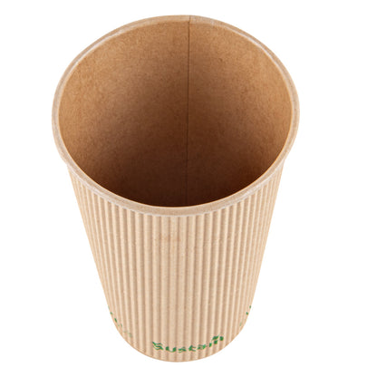 Sustain 16 oz Kraft Paper Coffee Cup - PLA Lining, Compostable, Ripple Wall - 3 1/2" x 3 1/2" x 5 1/2" - 500 count box
