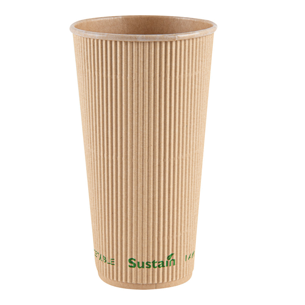 Sustain 20 oz Kraft Paper Coffee Cup - PLA Lining, Compostable, Ripple Wall - 3 1/2" x 3 1/2" x 6 1/4" - 10 count box