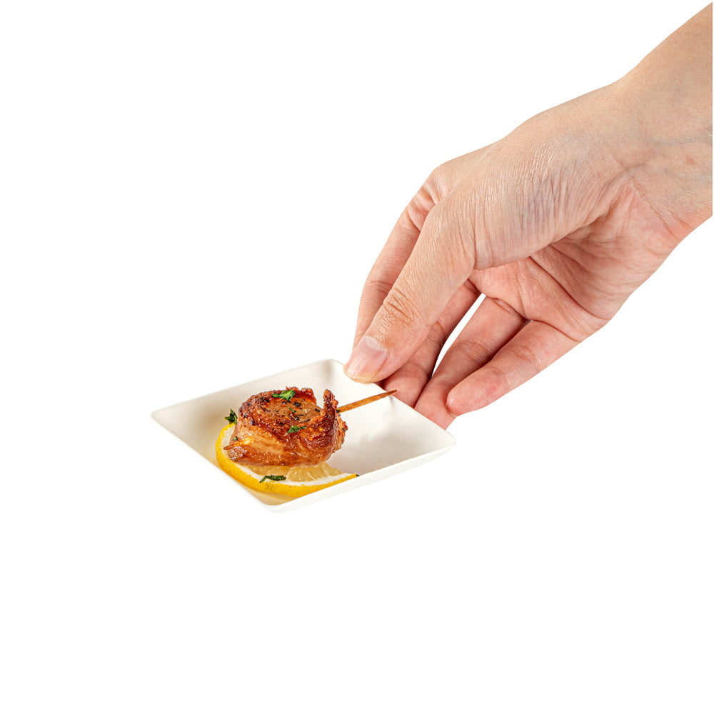 Pulp Safe No PFAS Added Square White Sugarcane / Bagasse Mini Modern Plate - Home Compostable - 2 1/2" x 2 1/2" x 1/2" - 100 count box