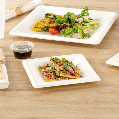 Pulp Safe No PFAS Added Square White Sugarcane / Bagasse Medium Plate - Home Compostable - 8" x 8" x 1/2" - 100 count box