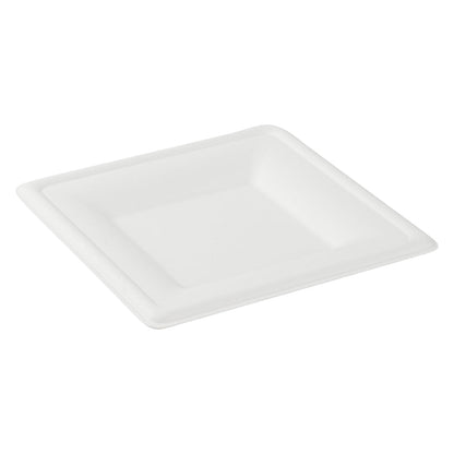 Pulp Safe No PFAS Added Square White Sugarcane / Bagasse Medium Plate - Home Compostable - 8" x 8" x 1/2" - 100 count box