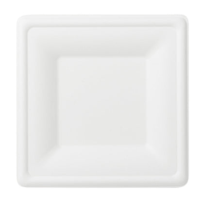 Pulp Safe No PFAS Added Square White Sugarcane / Bagasse Medium Plate - Home Compostable - 8" x 8" x 1/2" - 100 count box