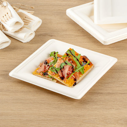 Pulp Safe No PFAS Added Square White Sugarcane / Bagasse Medium Plate - Home Compostable - 8" x 8" x 1/2" - 100 count box