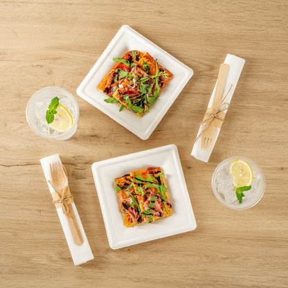 Pulp Safe No PFAS Added Square White Sugarcane / Bagasse Medium Plate - Home Compostable - 8" x 8" x 1/2" - 100 count box