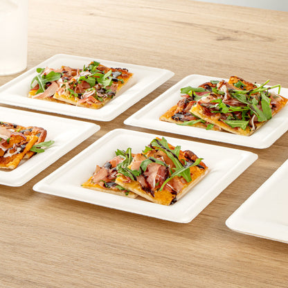 Pulp Safe No PFAS Added Square White Sugarcane / Bagasse Medium Plate - Home Compostable - 8" x 8" x 1/2" - 100 count box