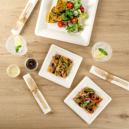 Pulp Safe No PFAS Added Square White Sugarcane / Bagasse Medium Plate - Home Compostable - 8" x 8" x 1/2" - 100 count box