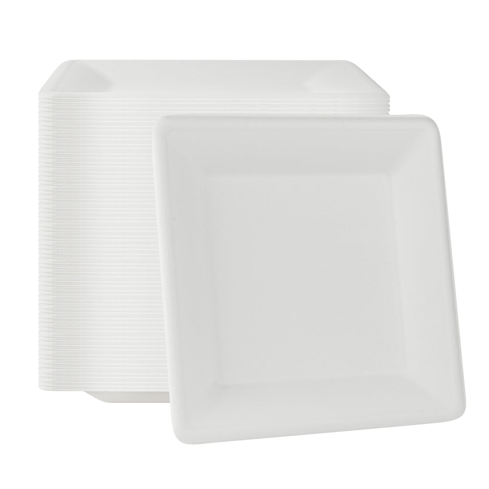 Pulp Safe No PFAS Added Square White Sugarcane / Bagasse Large Plate - Home Compostable - 10 1/4" x 10 1/4" x 1/2" - 100 count box