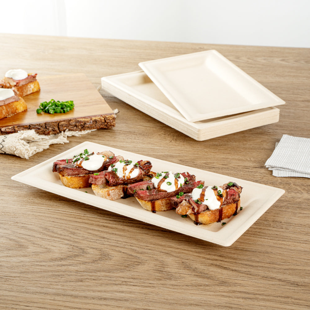 Pulp Safe No PFAS Added Rectangle Natural Sugarcane / Bagasse Plate - Home Compostable - 10" x 5" x 1/2" - 100 count box