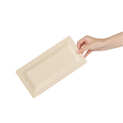 Pulp Safe No PFAS Added Rectangle Natural Sugarcane / Bagasse Plate - Home Compostable - 10" x 5" x 1/2" - 100 count box