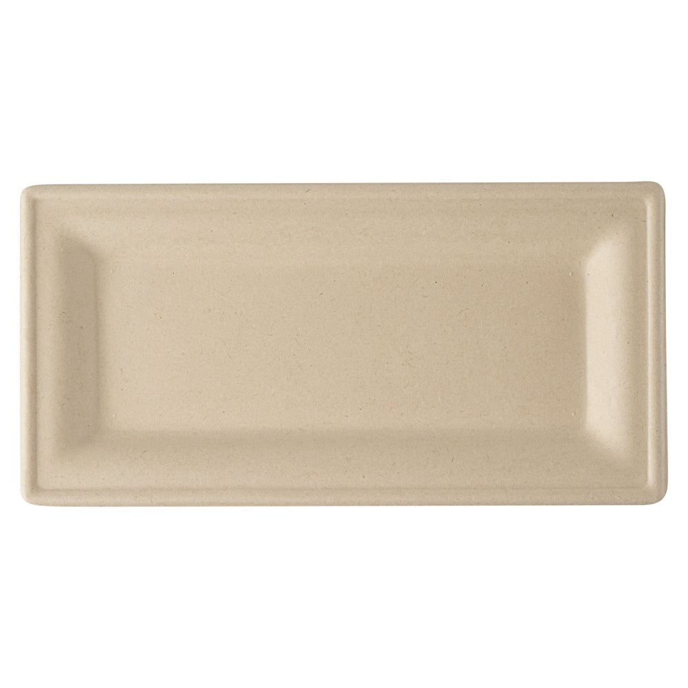 Pulp Safe No PFAS Added Rectangle Natural Sugarcane / Bagasse Plate - Home Compostable - 10" x 5" x 1/2" - 100 count box