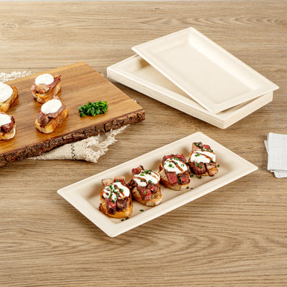Pulp Safe No PFAS Added Rectangle Natural Sugarcane / Bagasse Plate - Home Compostable - 10" x 5" x 1/2" - 100 count box