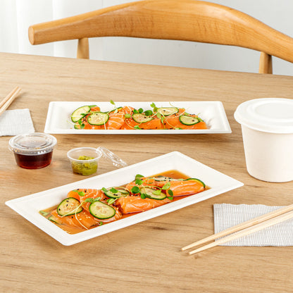 Pulp Safe No PFAS Added Rectangle White Sugarcane / Bagasse Plate - Home Compostable - 10" x 5" x 1/2" - 100 count box
