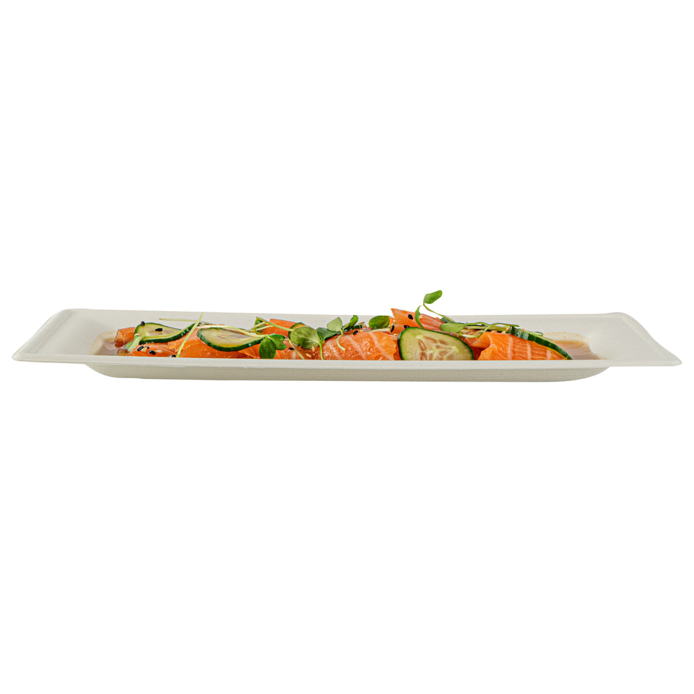 Pulp Safe No PFAS Added Rectangle White Sugarcane / Bagasse Plate - Home Compostable - 10" x 5" x 1/2" - 100 count box