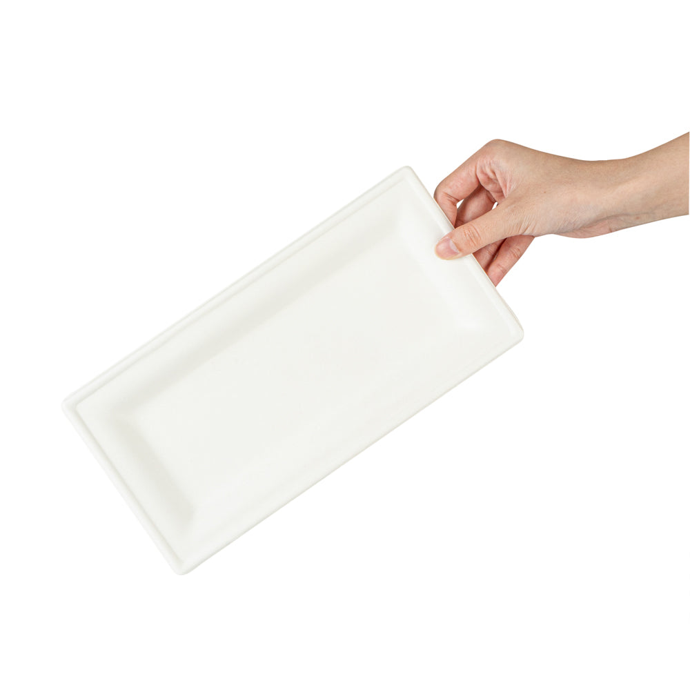 Pulp Safe No PFAS Added Rectangle White Sugarcane / Bagasse Plate - Home Compostable - 10" x 5" x 1/2" - 100 count box