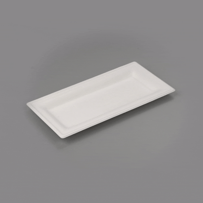 Pulp Safe No PFAS Added Rectangle White Sugarcane / Bagasse Plate - Home Compostable - 10" x 5" x 1/2" - 100 count box