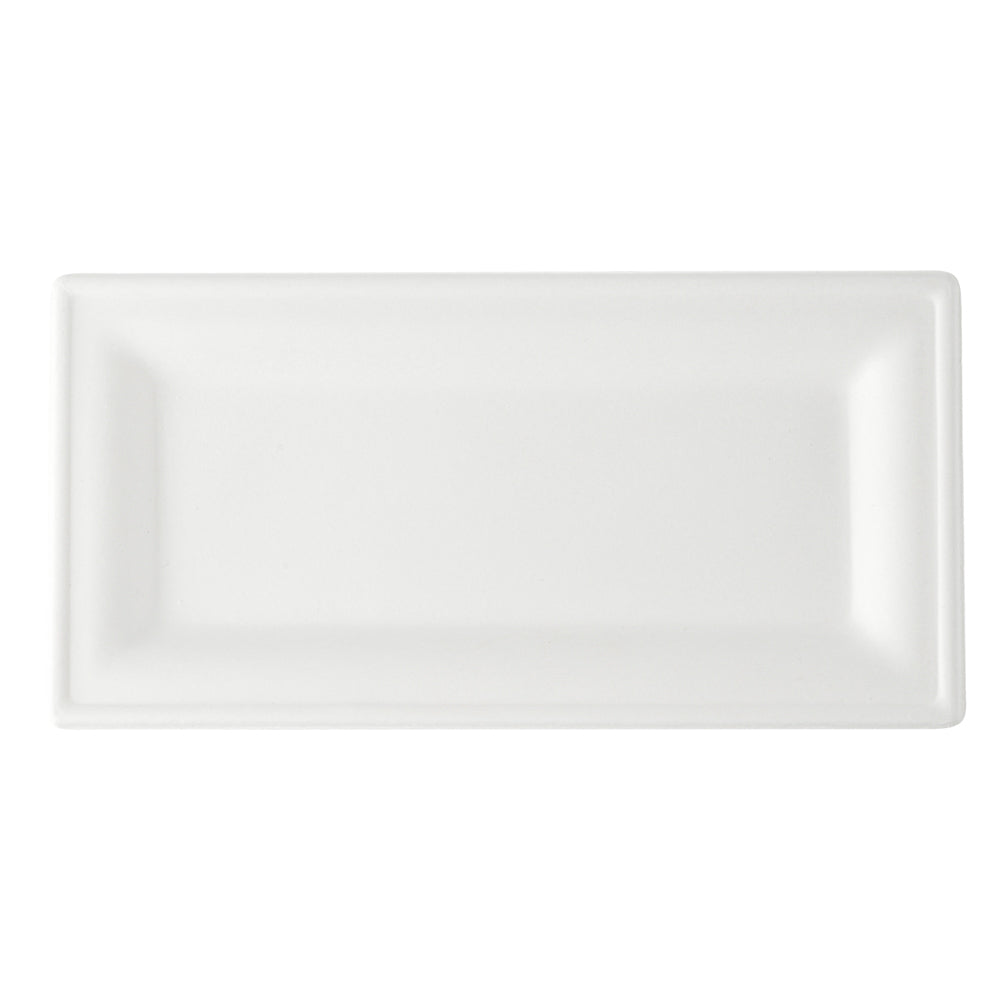 Pulp Safe No PFAS Added Rectangle White Sugarcane / Bagasse Plate - Home Compostable - 10" x 5" x 1/2" - 100 count box