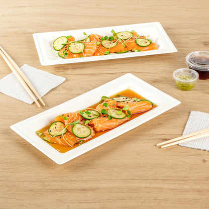 Pulp Safe No PFAS Added Rectangle White Sugarcane / Bagasse Plate - Home Compostable - 10" x 5" x 1/2" - 100 count box