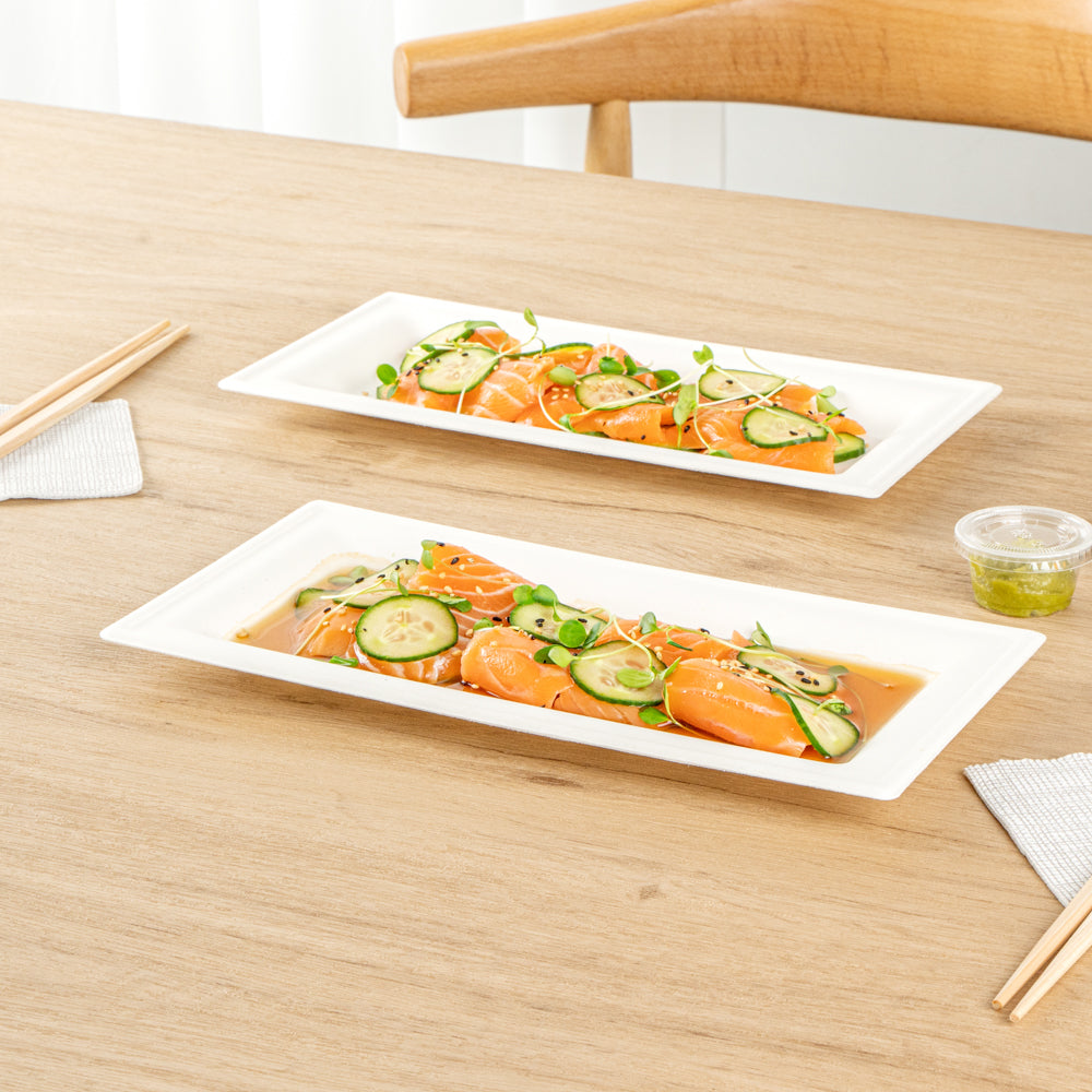 Pulp Safe No PFAS Added Rectangle White Sugarcane / Bagasse Plate - Home Compostable - 10" x 5" x 1/2" - 100 count box