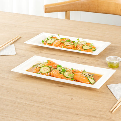 Pulp Safe No PFAS Added Rectangle White Sugarcane / Bagasse Plate - Home Compostable - 10" x 5" x 1/2" - 100 count box