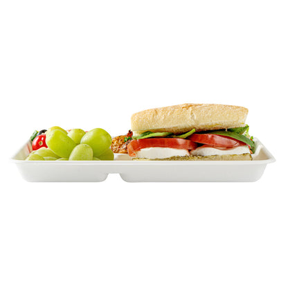 Pulp Safe No PFAS Added Rectangle White Sugarcane / Bagasse Food Tray - Home Compostable, 5 Compartments - 10 1/2" x 8 1/2" - 100 count box