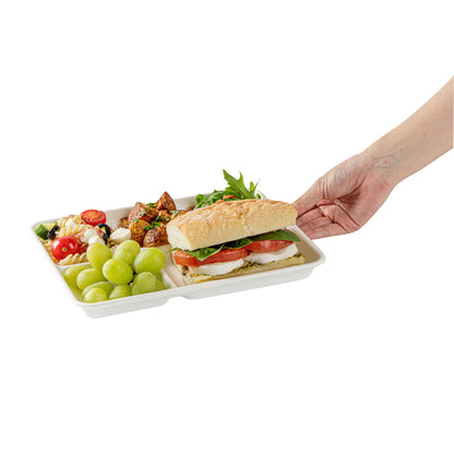 Pulp Safe No PFAS Added Rectangle White Sugarcane / Bagasse Food Tray - Home Compostable, 5 Compartments - 10 1/2" x 8 1/2" - 100 count box