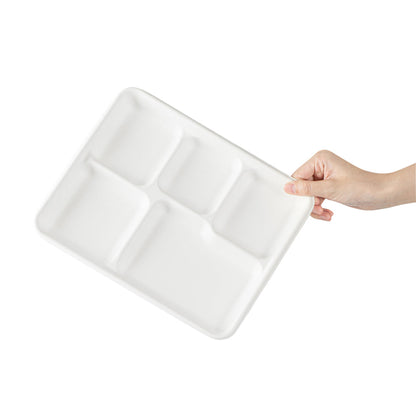 Pulp Safe No PFAS Added Rectangle White Sugarcane / Bagasse Food Tray - Home Compostable, 5 Compartments - 10 1/2" x 8 1/2" - 100 count box