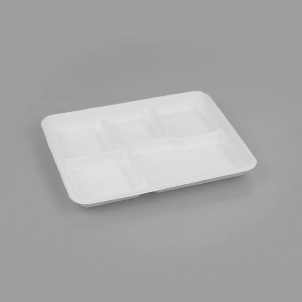 Pulp Safe No PFAS Added Rectangle White Sugarcane / Bagasse Food Tray - Home Compostable, 5 Compartments - 10 1/2" x 8 1/2" - 100 count box
