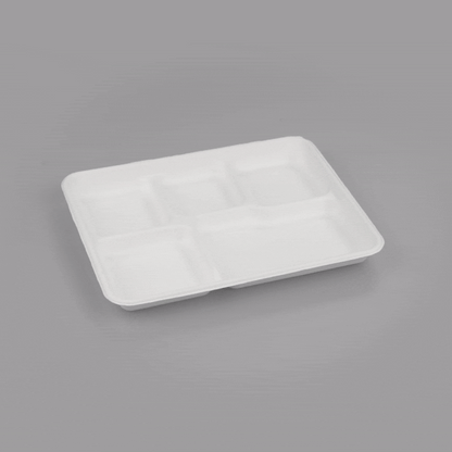 Pulp Safe No PFAS Added Rectangle White Sugarcane / Bagasse Food Tray - Home Compostable, 5 Compartments - 10 1/2" x 8 1/2" - 100 count box