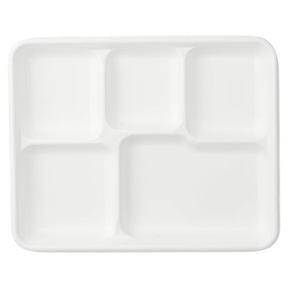Pulp Safe No PFAS Added Rectangle White Sugarcane / Bagasse Food Tray - Home Compostable, 5 Compartments - 10 1/2" x 8 1/2" - 100 count box