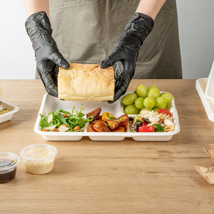 Pulp Safe No PFAS Added Rectangle White Sugarcane / Bagasse Food Tray - Home Compostable, 5 Compartments - 10 1/2" x 8 1/2" - 100 count box