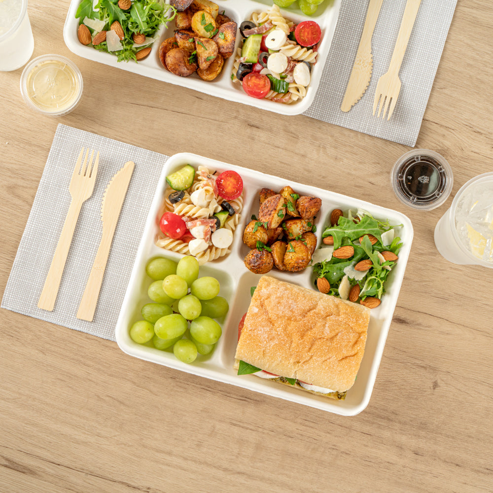 Pulp Safe No PFAS Added Rectangle White Sugarcane / Bagasse Food Tray - Home Compostable, 5 Compartments - 10 1/2" x 8 1/2" - 100 count box