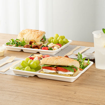 Pulp Safe No PFAS Added Rectangle White Sugarcane / Bagasse Food Tray - Home Compostable, 5 Compartments - 10 1/2" x 8 1/2" - 100 count box
