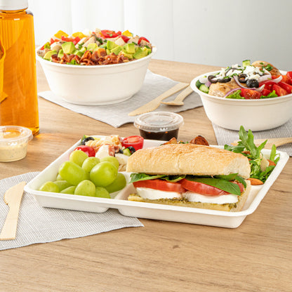 Pulp Safe No PFAS Added Rectangle White Sugarcane / Bagasse Food Tray - Home Compostable, 5 Compartments - 10 1/2" x 8 1/2" - 100 count box