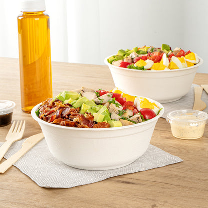 Pulp Safe No PFAS Added 32 oz Round White Sugarcane / Bagasse Salad Bowl - Home Compostable - 7" x 7" x 2 3/4" - 100 count box