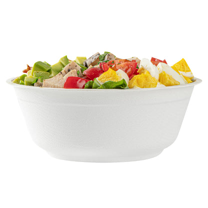 Pulp Safe No PFAS Added 32 oz Round White Sugarcane / Bagasse Salad Bowl - Home Compostable - 7" x 7" x 2 3/4" - 100 count box