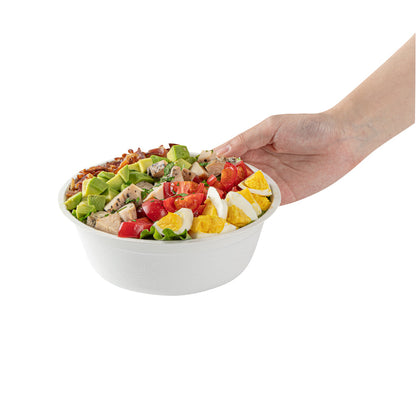 Pulp Safe No PFAS Added 32 oz Round White Sugarcane / Bagasse Salad Bowl - Home Compostable - 7" x 7" x 2 3/4" - 100 count box