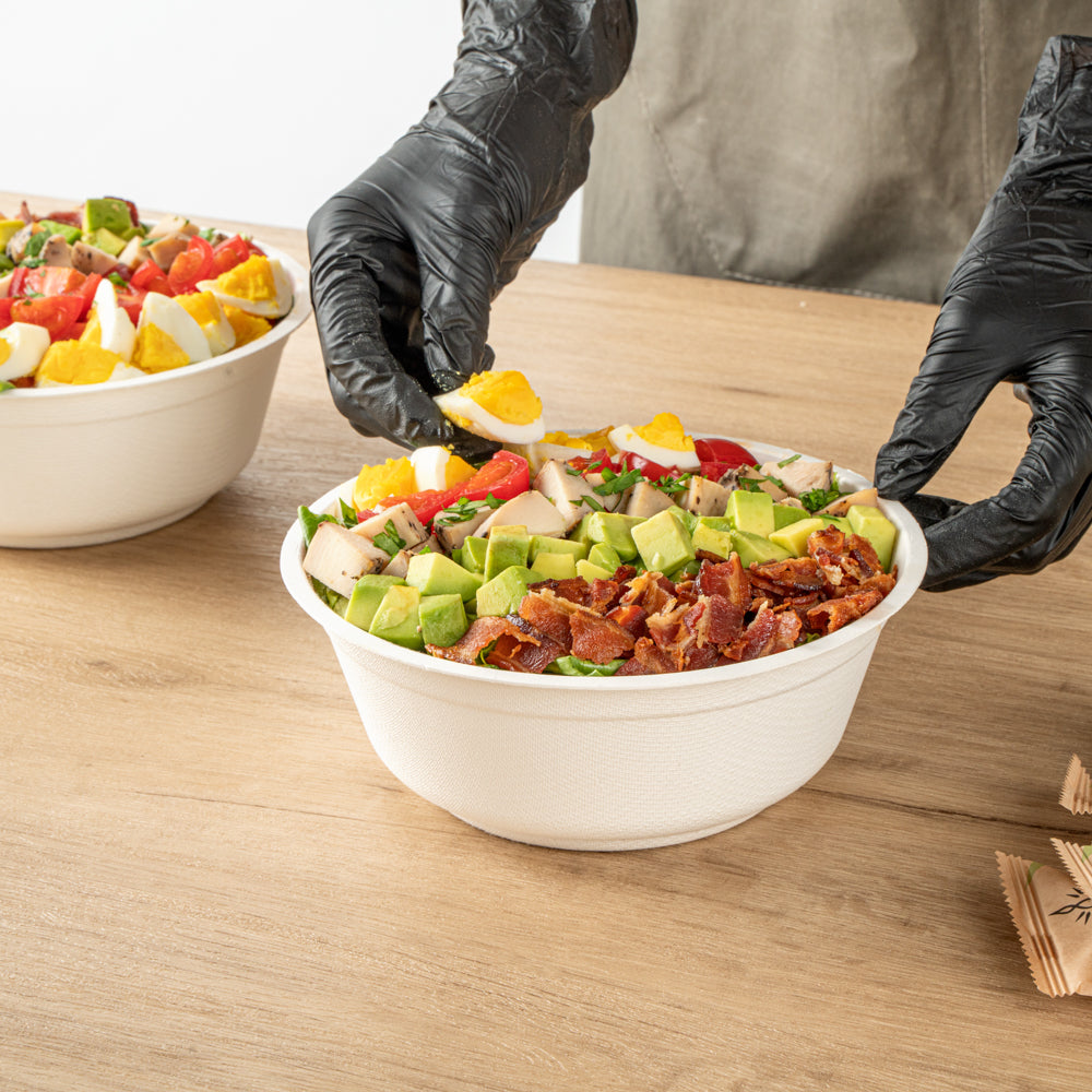 Pulp Safe No PFAS Added 32 oz Round White Sugarcane / Bagasse Salad Bowl - Home Compostable - 7" x 7" x 2 3/4" - 100 count box